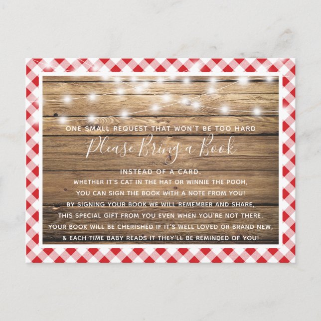 Röd Gingham Rustik Trä Baby Shower Bok Kort (Framsida)