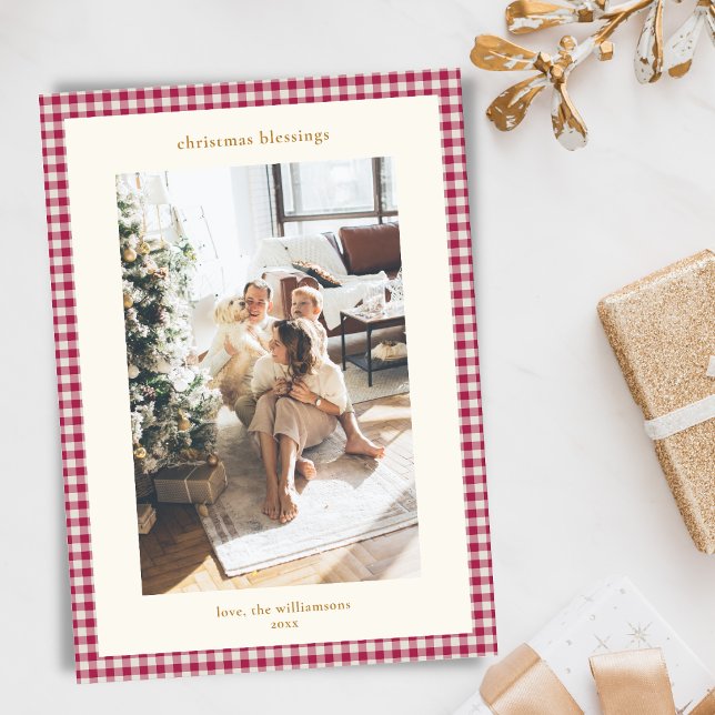 Röd Gingham Rutig Julhälsning Familjefoto Julkort (Skapare uppladdad)