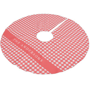 Röd Gingham Rutig Personlig Familjenamn Jul Julgransmatta Borstad Polyester