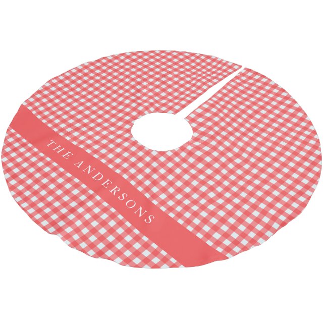 Röd Gingham Rutig Personlig Familjenamn Jul Julgransmatta Borstad Polyester (Vinklad)