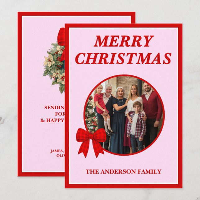 Röd Gingham-slinga Familjefoto Jul Julkort (Fram/baksida)