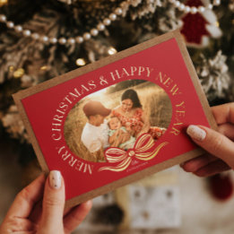 Röd glad jul bows glansfolie julkort