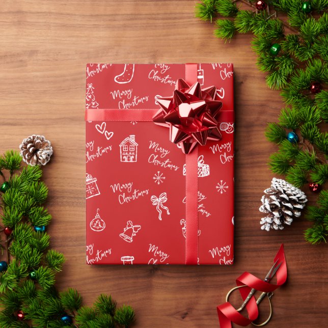 Röd Glad Jul Handritad Klotter Leksaklig Presentpapper (Julgåva)