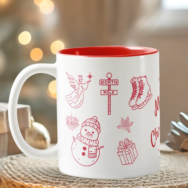 Röd Glad Jul Handritad  Två-Tonad Mugg (Red Hand draw Merry Christmas Gift Mug)
