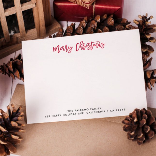 Röd Glad Jul Typografi Klassisk Familj Anteckningskort (MERRY CHRISTMAS FORMAL FAMILY NOTECARD WITH FAMILY NAME AND MERRY CHRISTMAS SIGNATURE RED)