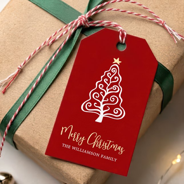 Röd glad julgran manus namn Whimsical Presentetikett (Skapare uppladdad)