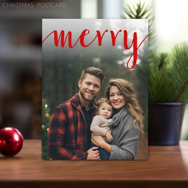 Röd glatt kalligrafi - vertikal Foto vit typ Helg Vykort (Christmas Postcard with 1 photo and modern font)