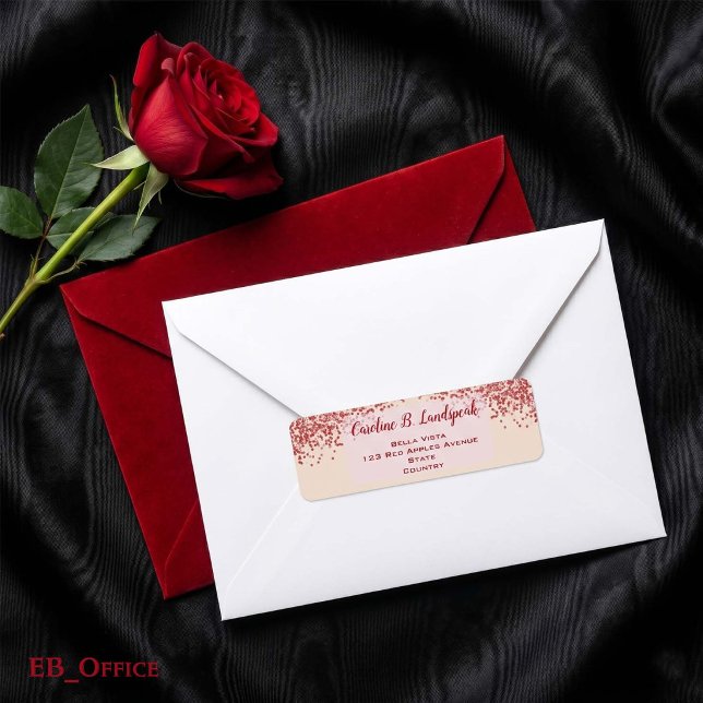 Röd Glitter Champagne Elegant Returadress Etikett (Red Glitter Labels: 
2.25” L x 0.75” W
•	30 labels per sheet
•	Sheet: 8.5” L x 11” W



)