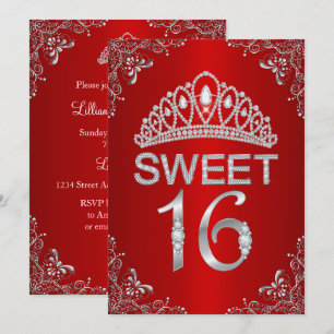 Röd Glitter Diamant Tiara Sweet 16 Inbjudan
