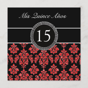 RÖD GLITTER EFFEKT BLACK DAMASK QUINCEANERA INBJUDNINGAR