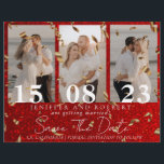 Röd Glitter Foto Collage Spara Datum Kort Reklamblad<br><div class="desc">Fantastiska och moderna Spara datum-kort för din bröllop. Spara datum-korten levereras med en anpassningsbar fotokollage-stil av paret och extra detaljer på baksidan. Bröllopskorten är lätta att anpassa och anländer till en låg budget.</div>