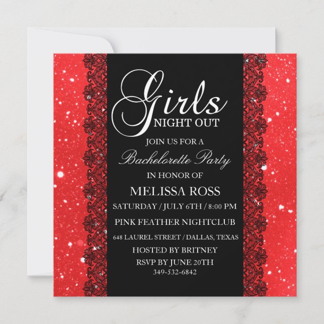 Röd Glitter/Lace Sängvätning Inbjudan (Framsida)