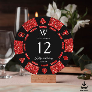 Röd Glitter Monogram Poker Chip Kasino Bröllop Inbjudningar