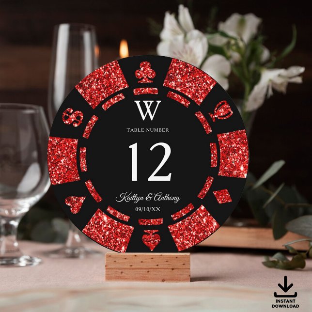 Röd Glitter Monogram Poker Chip Kasino Bröllop Inbjudningar (Skapare uppladdad)