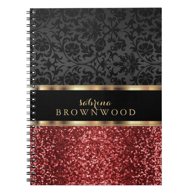 Röd glitter och svart damast anteckningsbok (Framsidan)