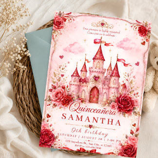 Röd Glitter Prinsesslott Quinceañera-inbjudan Inbjudningar