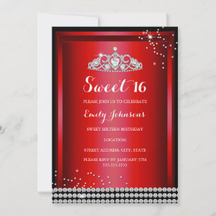 Röd Glitter Tiara Sweet 16 Födelsedagsinbjudan Inbjudningar