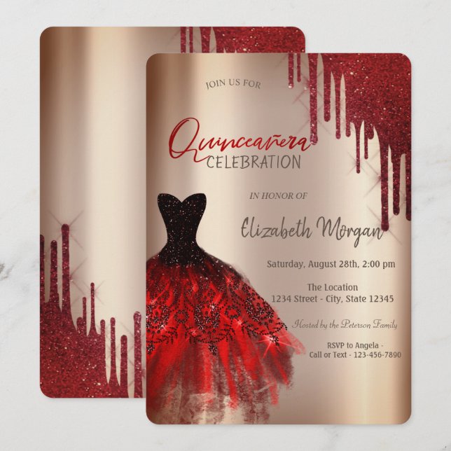 Röd glitterdroppklänning Quinceañera Inbjudningar (Fram/baksida)