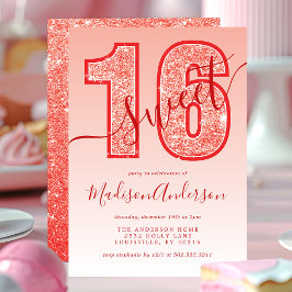 Röd Glittermanus Sweet 16 Födelsedagsfest Inbjudningar