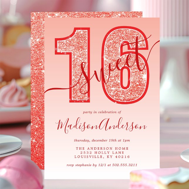 Röd Glittermanus Sweet 16 Födelsedagsfest Inbjudningar (Skapare uppladdad)