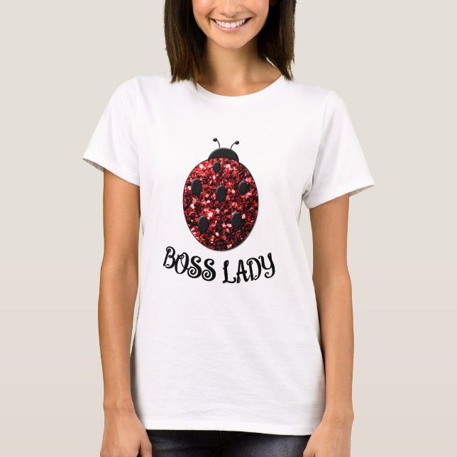 Röd glittrig Ladybug BOSS DAM Personalisera T Shirt (Framsida)
