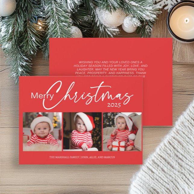 Röd God Jul 2025 Foto Collage Typografi  Julkort (Red 3-photo "Merry Christmas" greeting card)