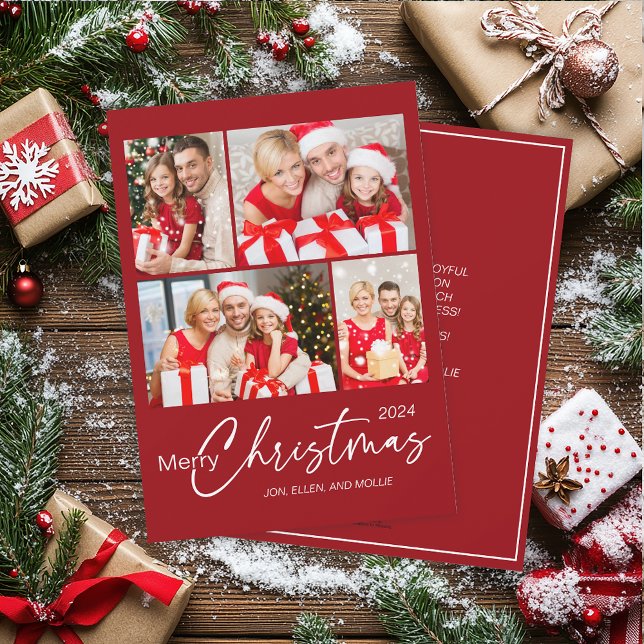 Röd God Jul 4 Foto Högtid Julkort (Red 4-photo Christmas greeting card)