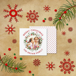 Röd God jul, blommigt krandfoto Julkort