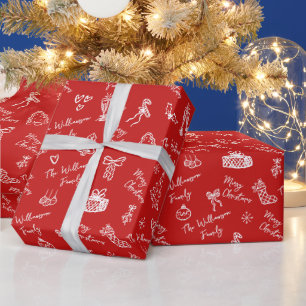 Röd God Jul Handritad Klotter Anpassat Namn Presentpapper