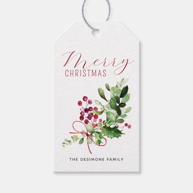 Röd God Jul Holly Bär Grönska Presentetikett (Framsidan)