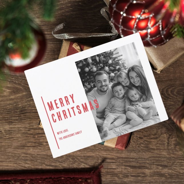 Röd God jul med svartvitt foto Vykort (Skapare uppladdad)