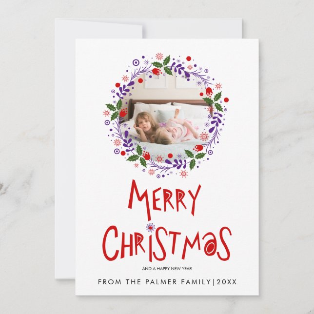 Röd God Jul typografi lila krans foto Julkort (Framsida)