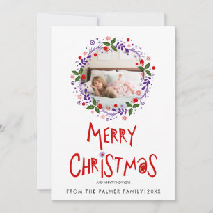 Röd God Jul typografi lila krans foto Julkort