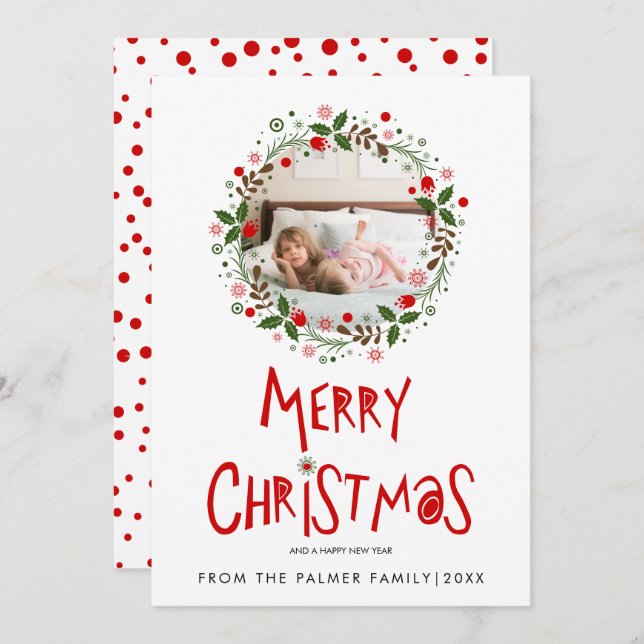 Röd God Jul typografi och krans foto Julkort (Fram/baksida)