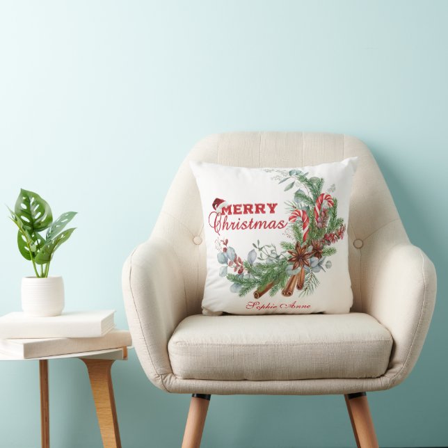 Röd God Jul Vinterbukett Monogram  Kudde (Stol)