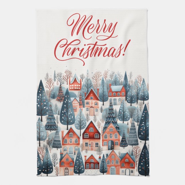 Röd God Jul Vinterby Kökshandduk (Vertikal)