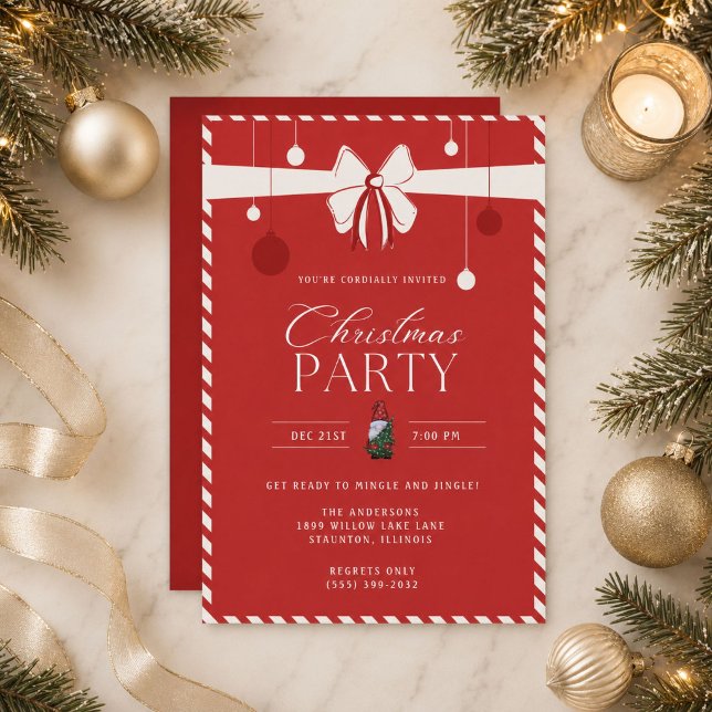 Röd godisrand julfest  inbjudningar (Red Candy Cane Border Christmas Party Invitation)