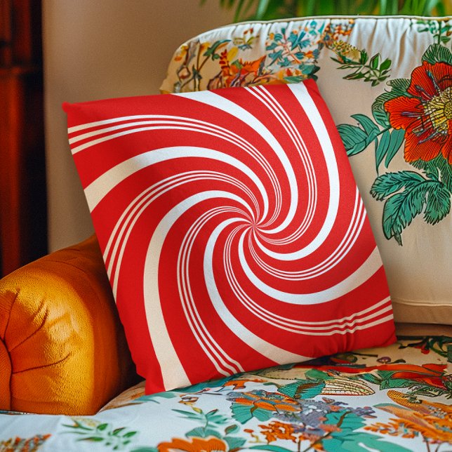 Röd godisstav virvling kudde (Red Candy Cane Twirl Throw Pillow)
