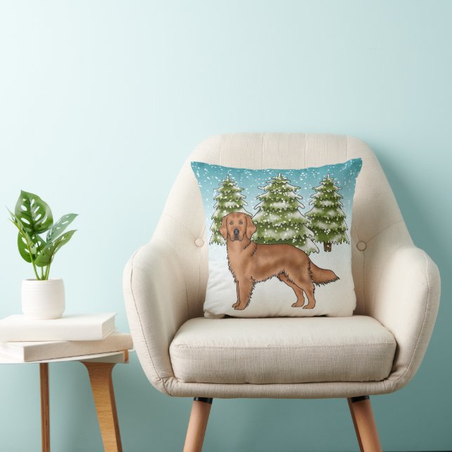 Röd Golden Retriever Blå Jul Vinter Kudde (Stol)
