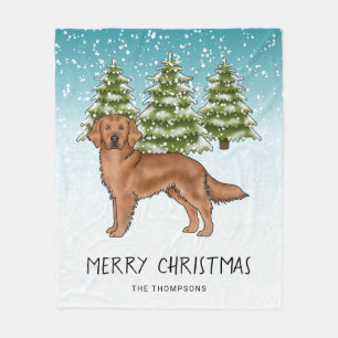 Röd Golden Retriever Hund Blå Snöig Jul Fleecefilt