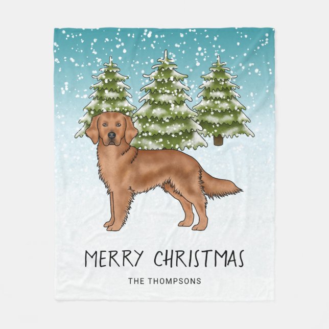 Röd Golden Retriever Hund Blå Snöig Jul Fleecefilt (Framsidan)