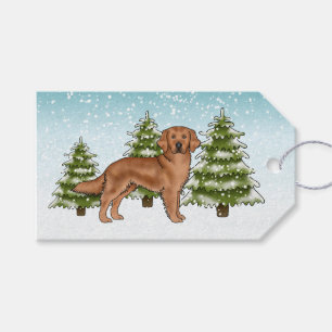 Röd Golden Retriever Hund Blå Snöig Jul Presentetikett