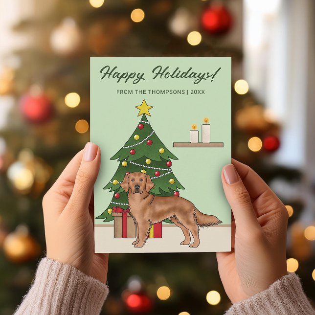 Röd Golden Retriever Hund Grön Julgran Julkort (Skapare uppladdad)