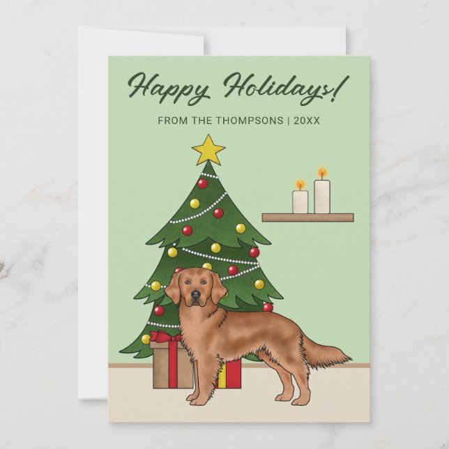 Röd Golden Retriever Hund Grön Julgran Julkort (Framsida)
