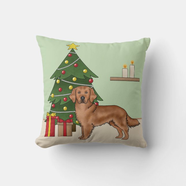 Röd Golden Retriever Hund Med Julgran Kudde (Framsida)