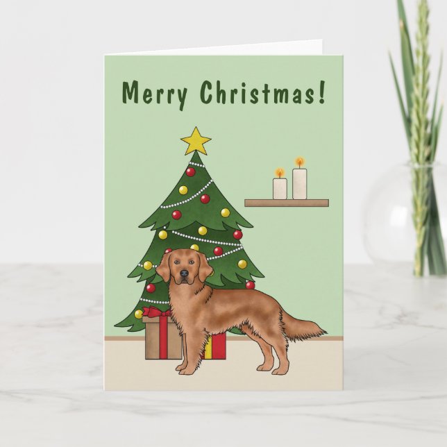 Röd Golden Retriever Hund Och Grön Julgran Kort (Framsida)