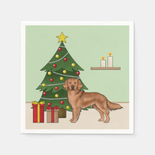 Röd Golden Retriever Hund Och Grön Julgran Pappersservett