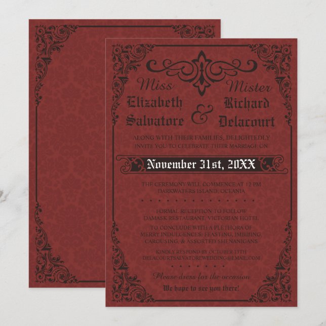 Röd gotiic Victorian Damask Wedding bjudande Inbjudningar (Fram/baksida)