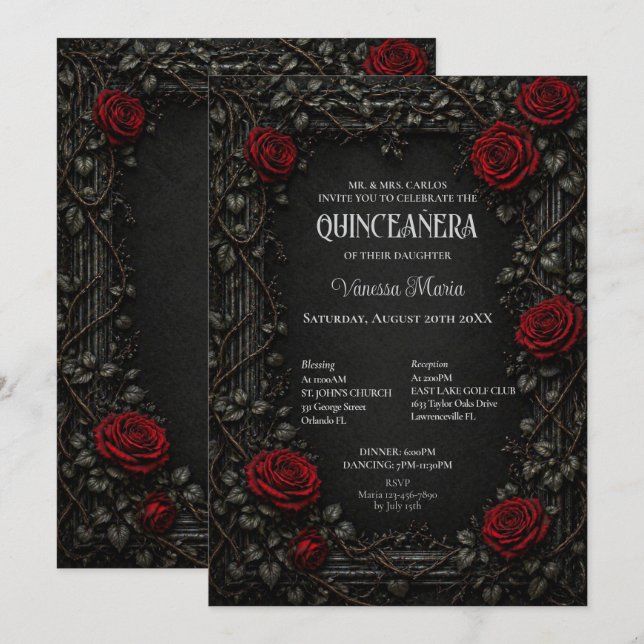 Röd gotisk Halloween blomster Quinceanera Inbjudan (Fram/baksida)