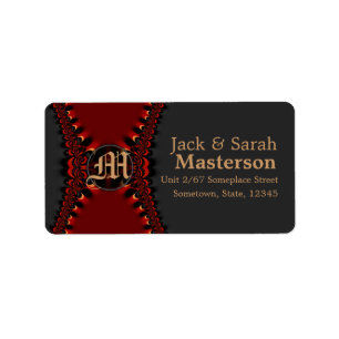 Röd gotisk Monogram för satäng+Svart adressetik Adressetikett